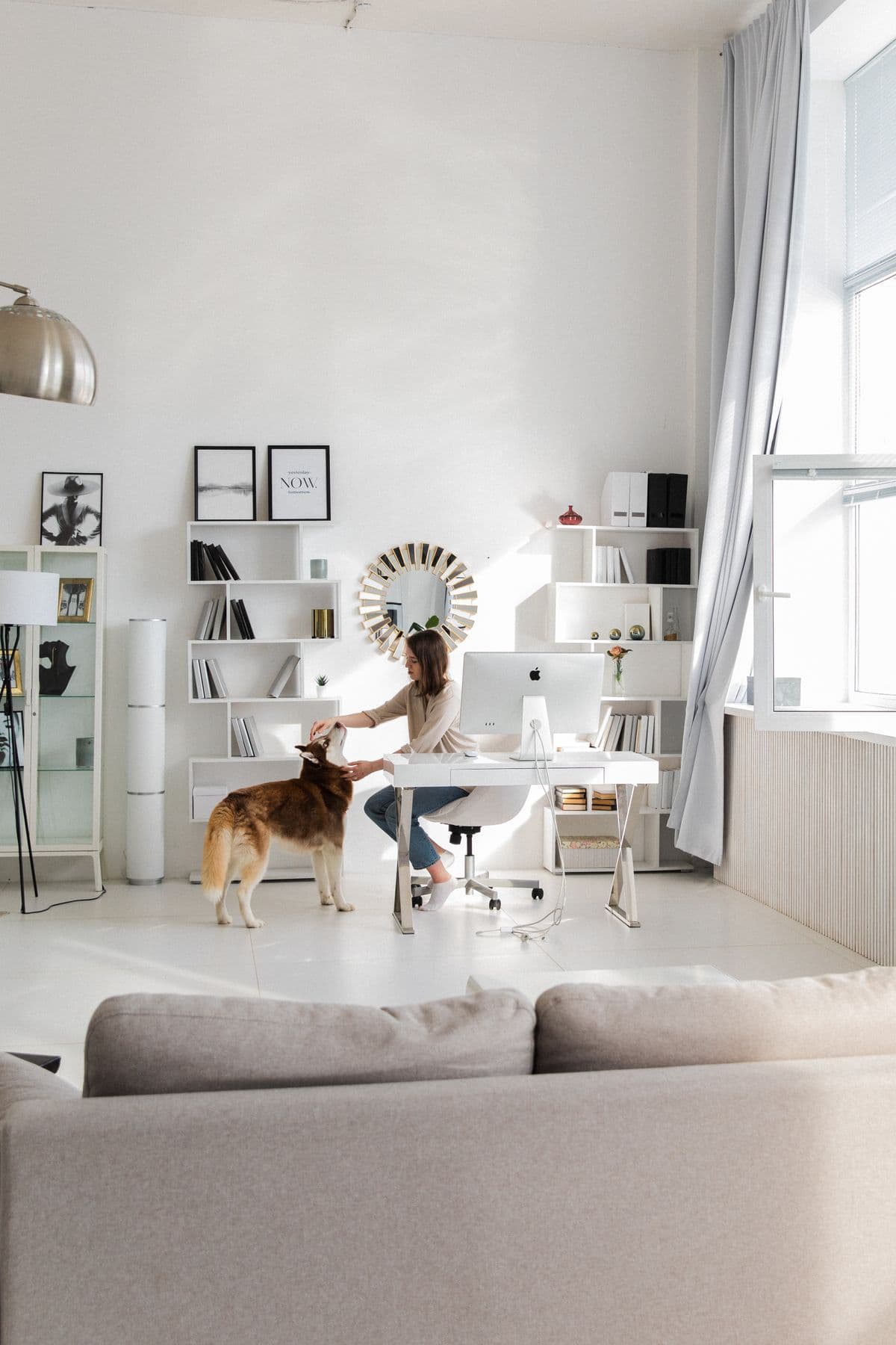 Sala clara e organizada com uma mulher trabalhando na escrivaninha ao lado do seu cachorro