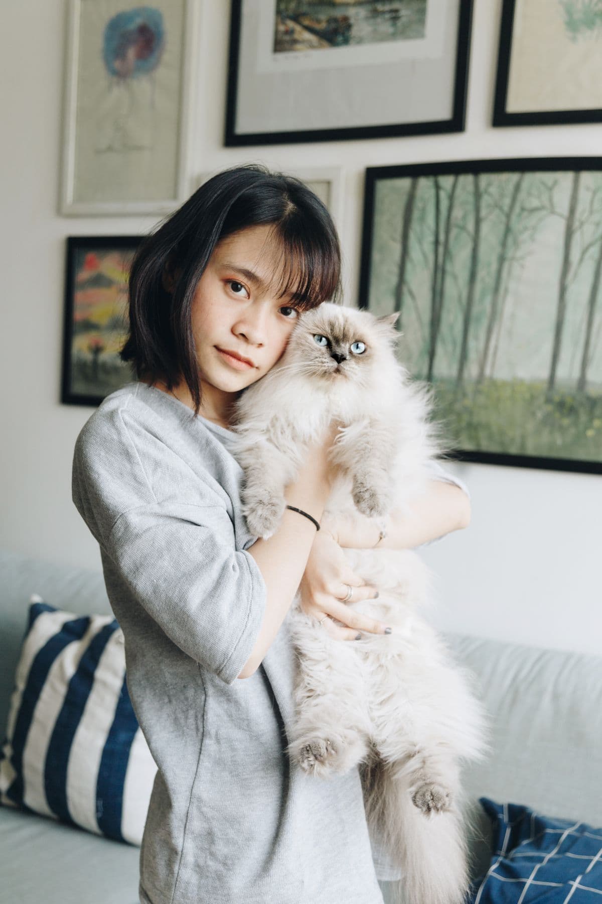 Mulher segurando no colo um gato persa de pelo longo e claro