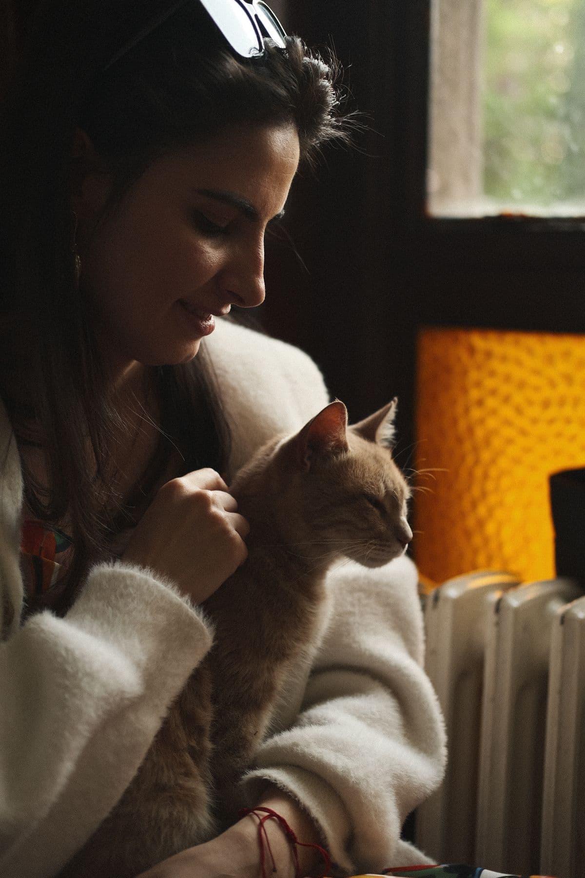Mulher acariciando um gato laranja no colo, junto à janela, em luz quente de fim de tarde